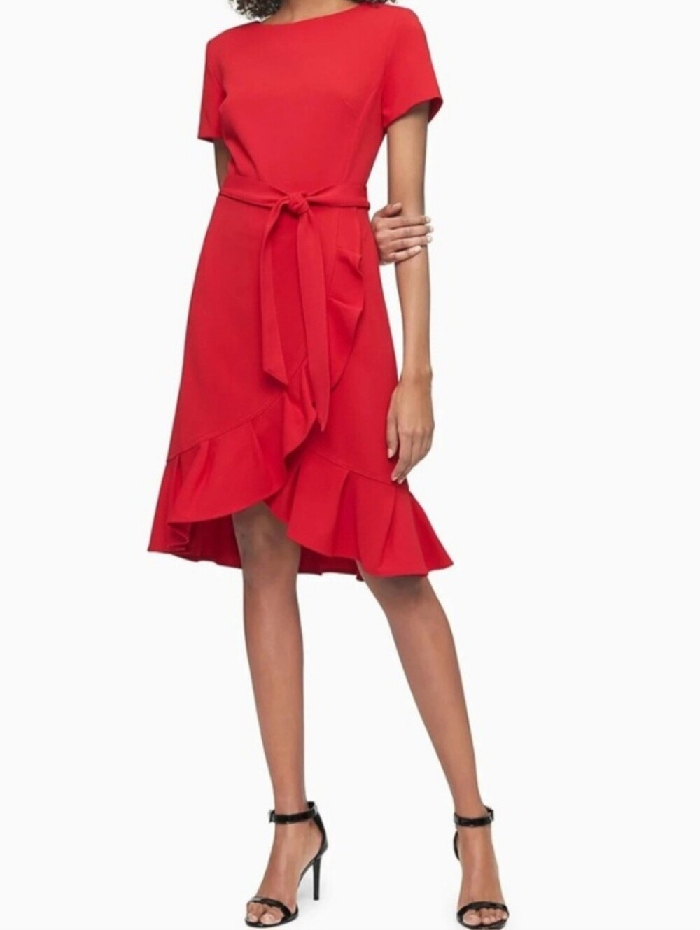 Calvin Klein Red Ruffle Hem Faux Wrap Knee Length Dress Size 8